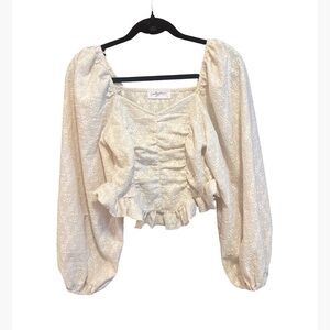 Ivory square neck long sleeve wide arm ruched bodice top size small